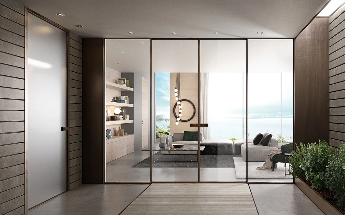 Porte vetrate G-Like del Gruppo Garofoli in un living affacciato sul lago